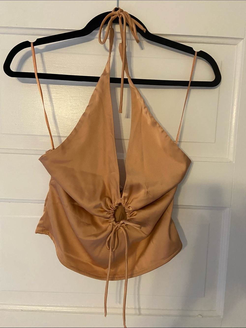 Abercrombie & Fitch Satin Halter Crop Top in Dusty Peach